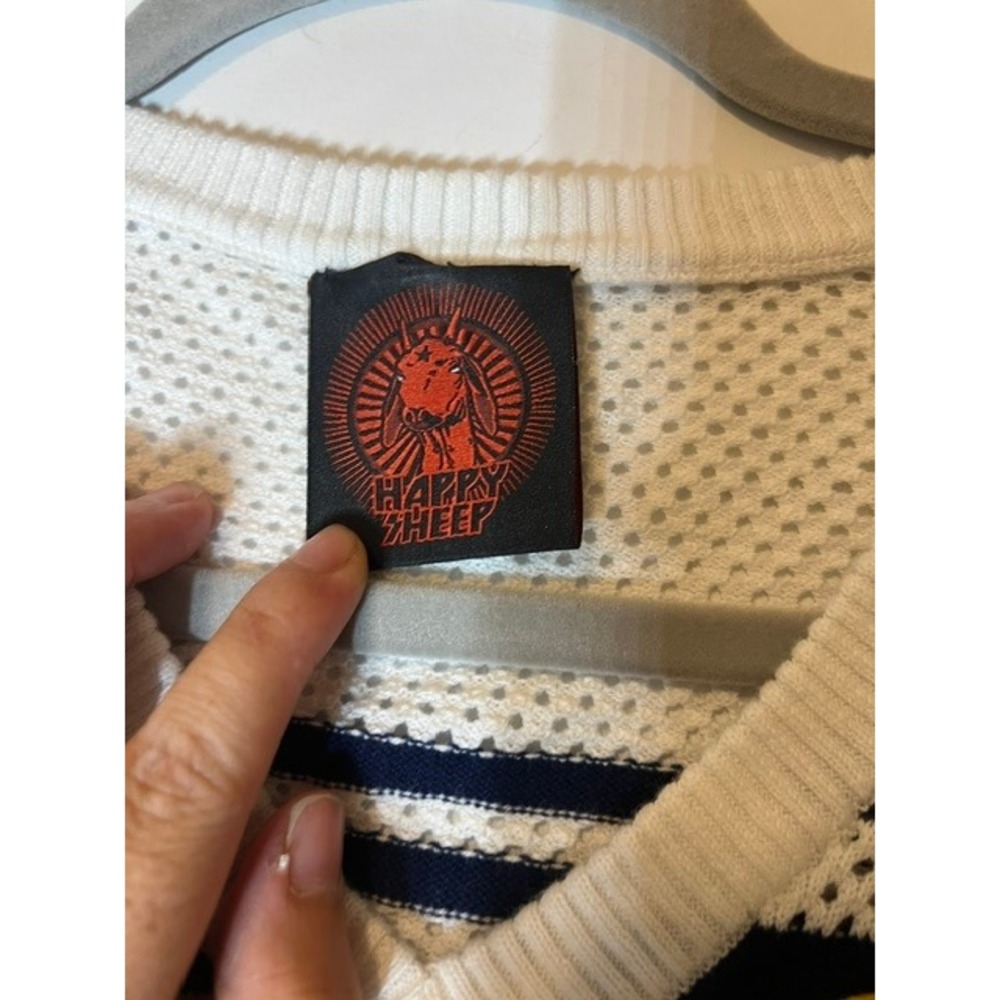 Happy Sheep Women Navy White Striped Cotton Mesh Sweater Crochet Patches Small - Picture 7 of 7